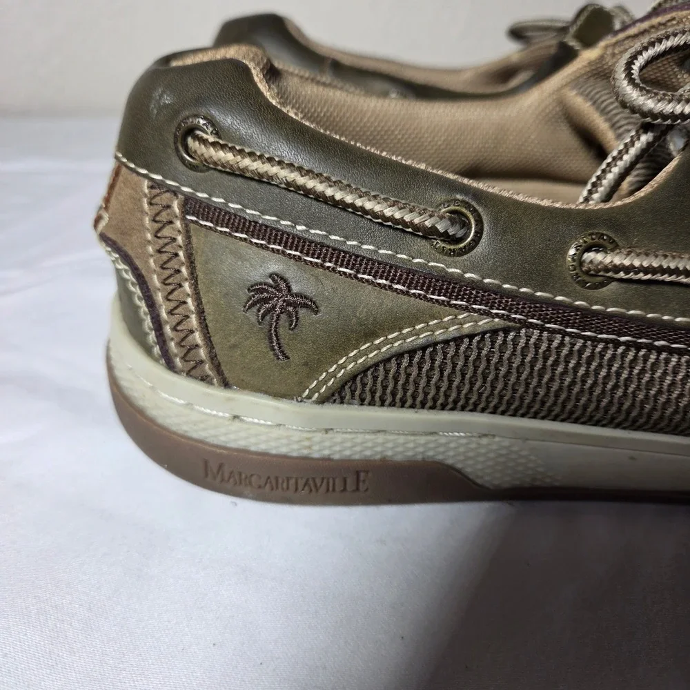 Margaritaville Mens Boat Shoes Olive Green Leather Textile Loafers Size 10 S1592